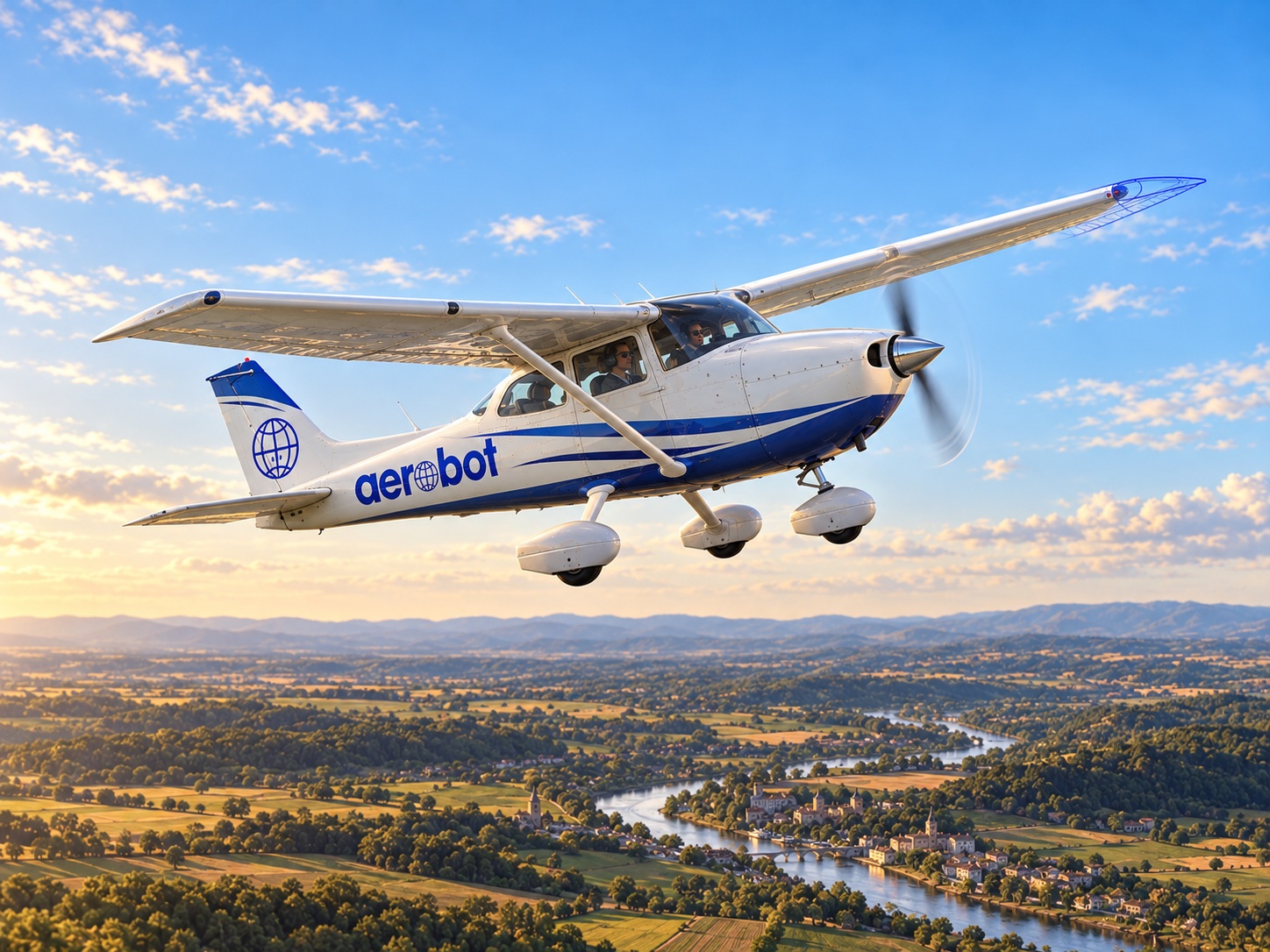 Illustration Aerobot : un avion léger prend de l’altitude au-dessus d’une rivière, son aile prolongée d’un trait bleu.